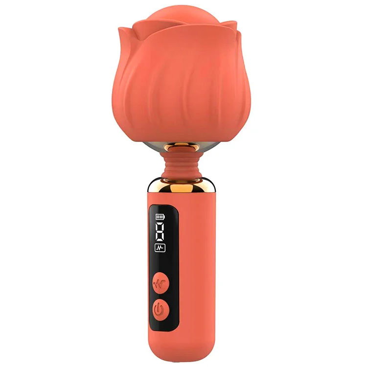 Adam & Eve Rizzy Rose Mini Wand in coral, a rose-shaped vibrator with flexible neck and digital display